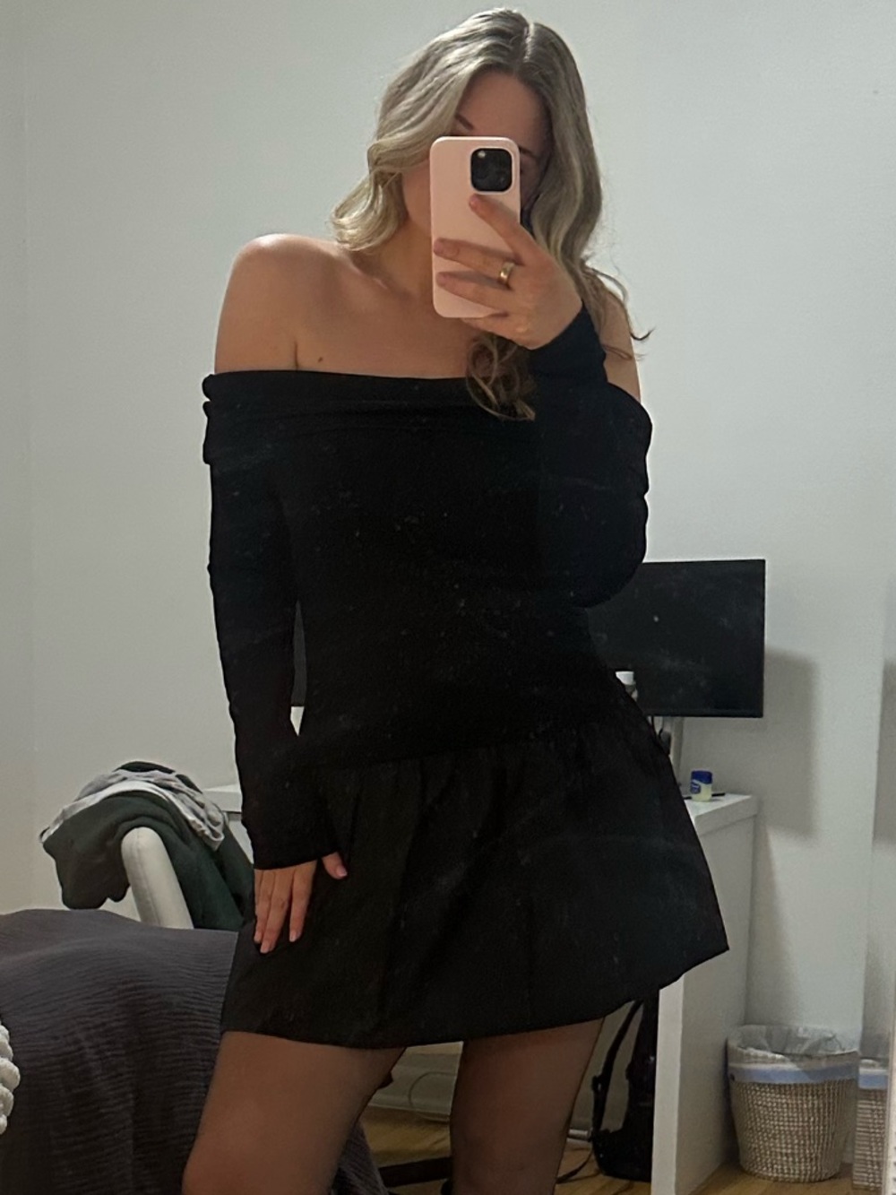 Revolve Black Off-Shoulder Long Sleeve Mini Dress